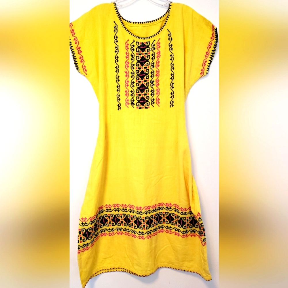 Vintage 1970s Mexican Boho Hippie Cotton Embroidered Yellow Sun Dress Huipil